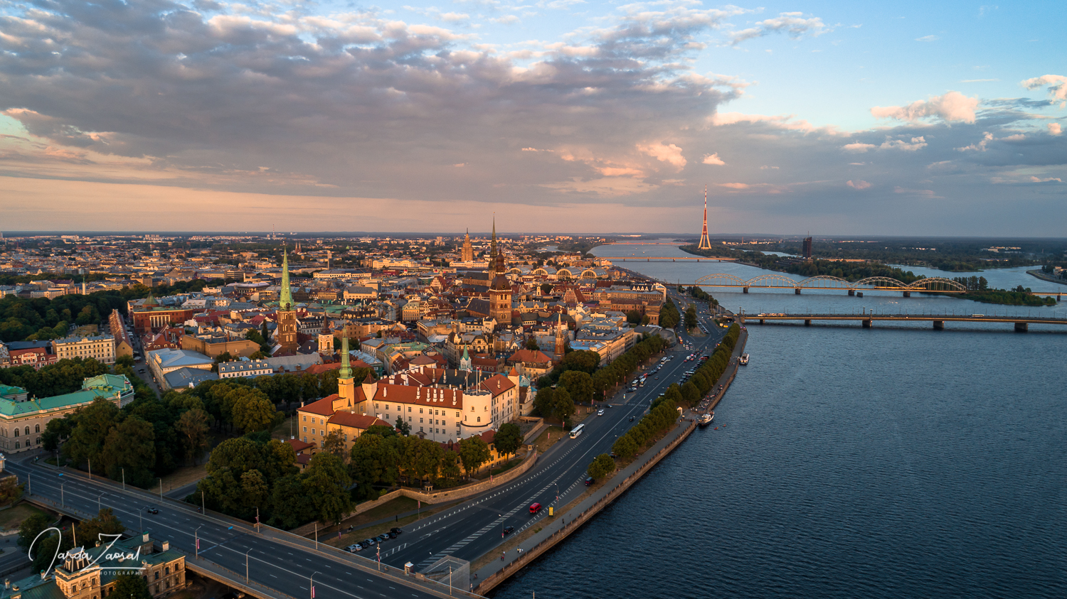Aerial view of Riga during sunset