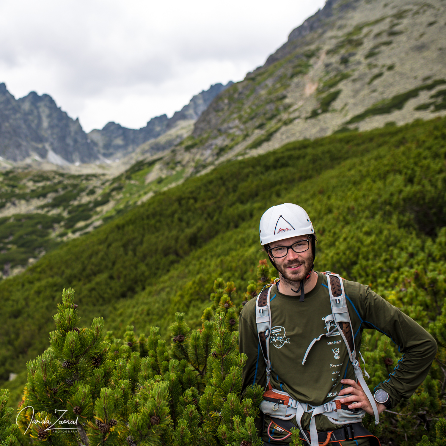 A man in pine bushes under Gerlachovský Štít