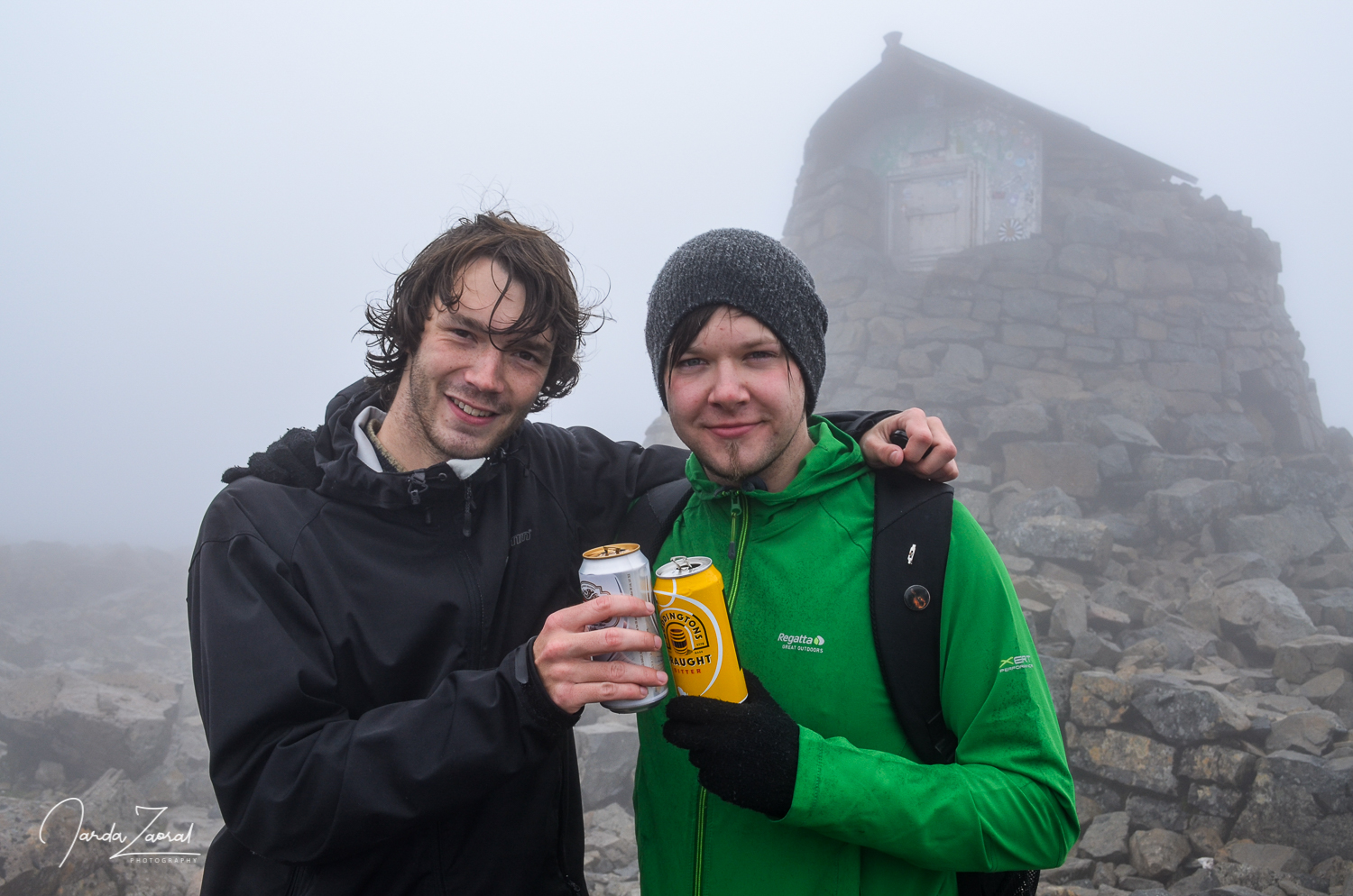 Two hikers with beers on Ben Nevis