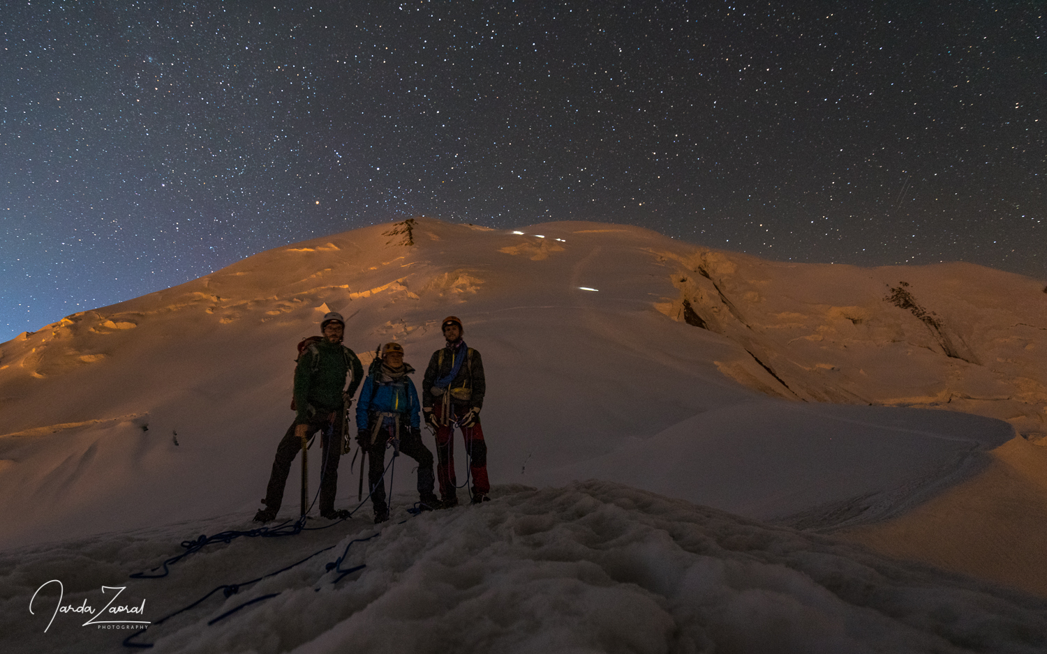 Putting crampons on next to the Gouter Hut and time to acclimatize for Mont Blanc during night