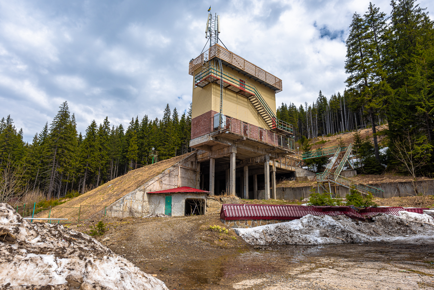 Ruins of Zarosliak ski jump in Ukraine