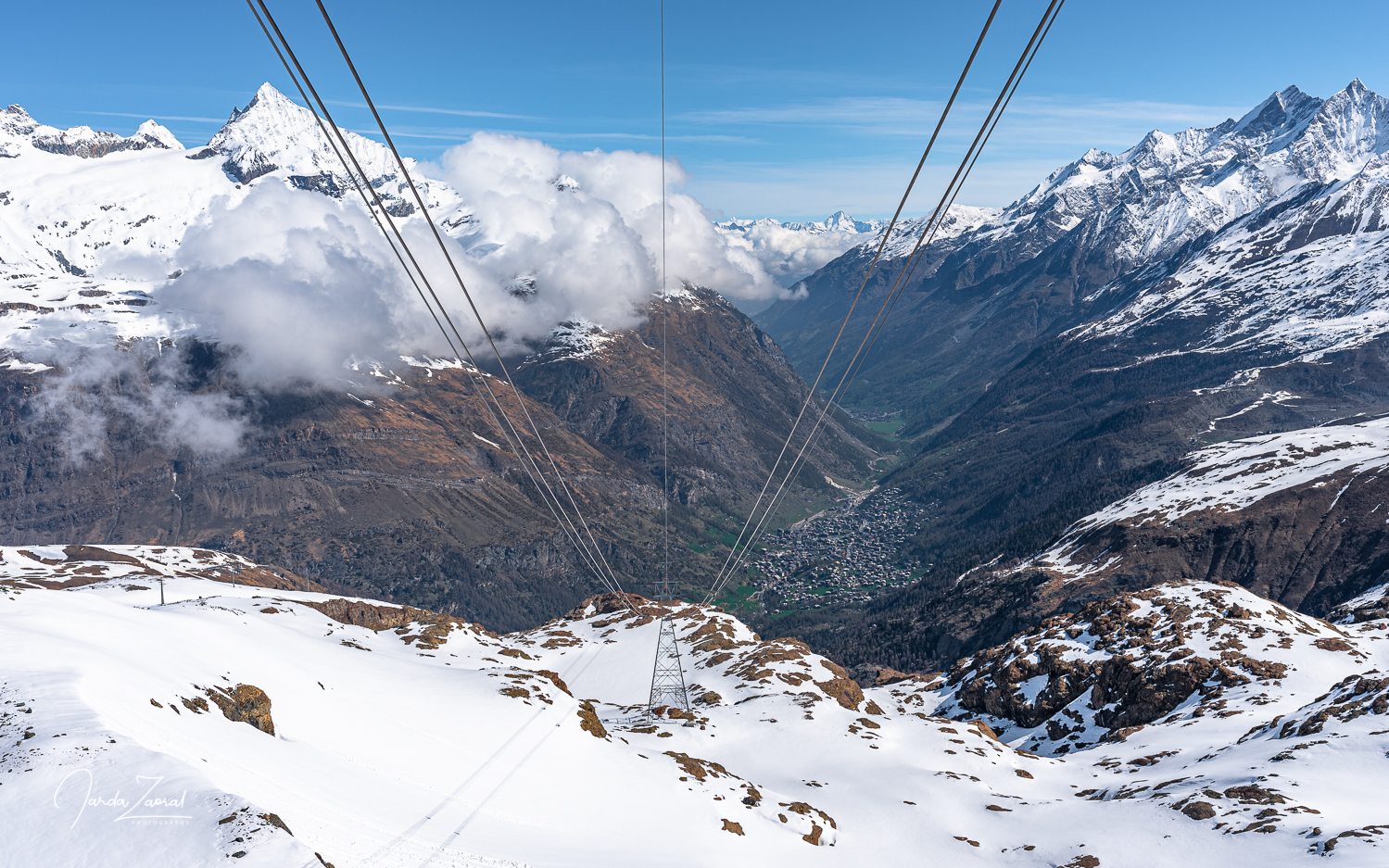 View at Zermatt from a cable car on the way to Klein Matterhorn