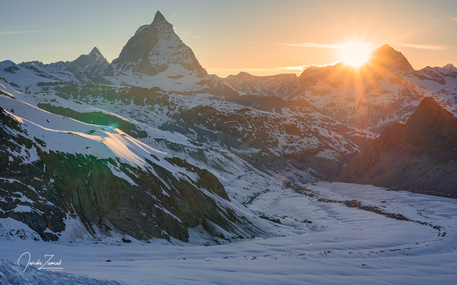 Sunset from Monte Rosa Hut and view over Matterhorn