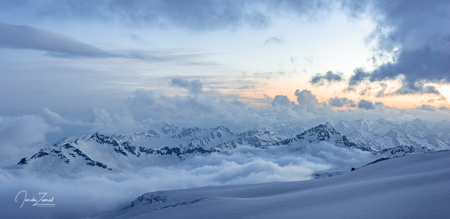View after the storm of beautiful sunset under Elbrus