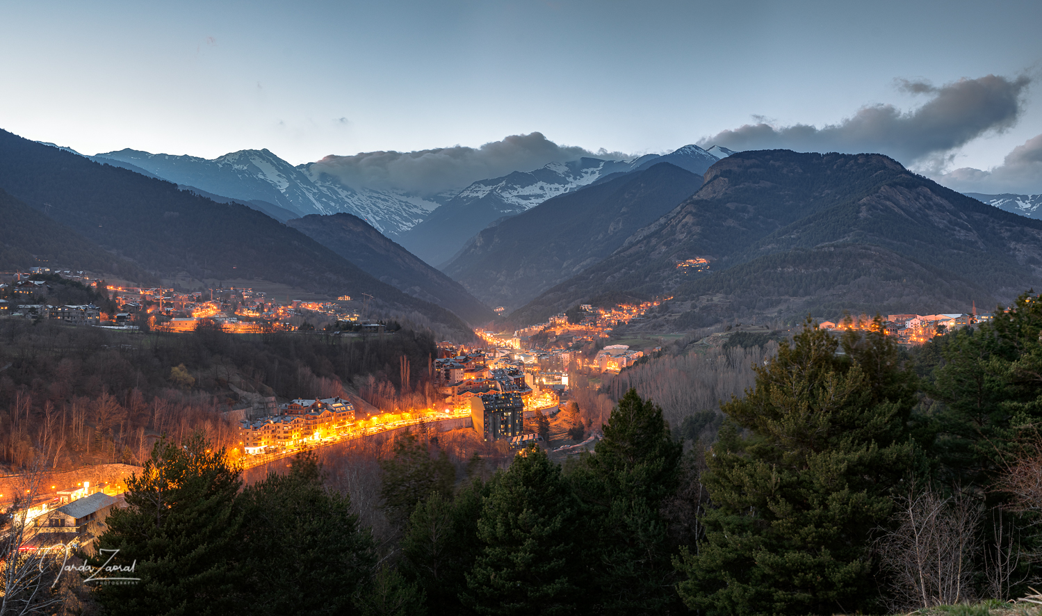 View over Coma Pedrosa from La Massana after sunset