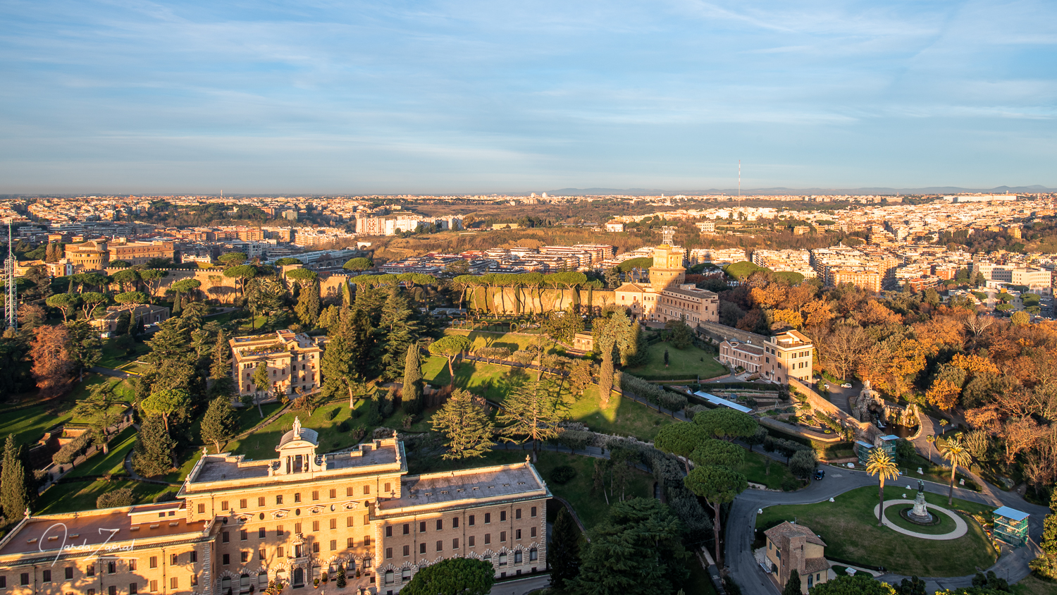 View over Vatican gardens from the Dome of st. Peter's Basilica 