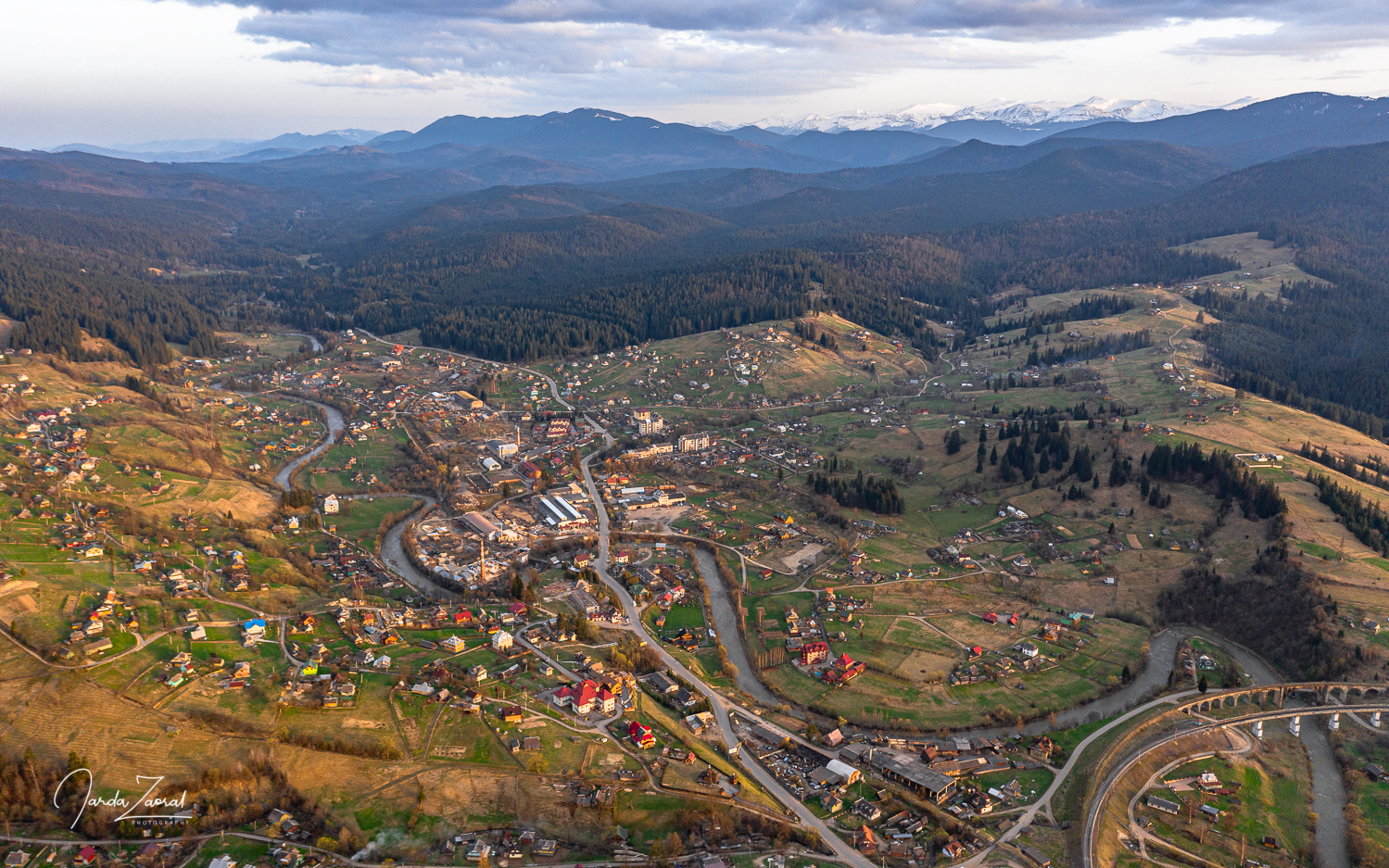Aerial view of village Vorokhta and Ukrainian mountains