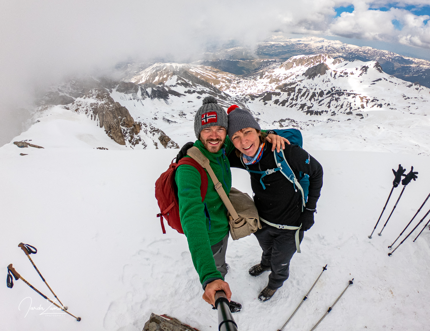 Selfie of two hikers on top of Golem korab