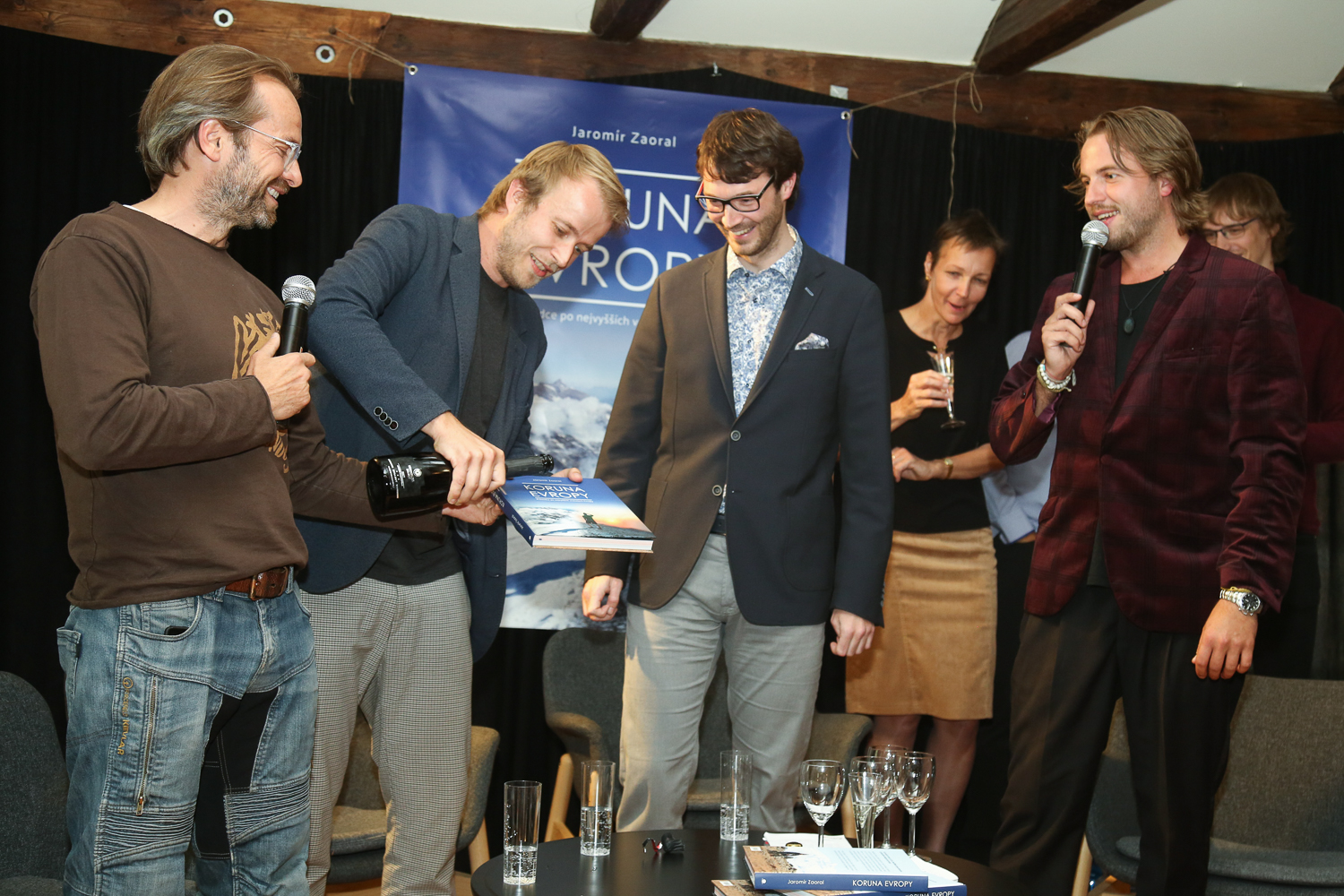 Baptism of Koruna Evropy book. From left actor Jan Révai, writer Ladislav Zibura, Jarda Zaoral and moderator Michal Kurtiš