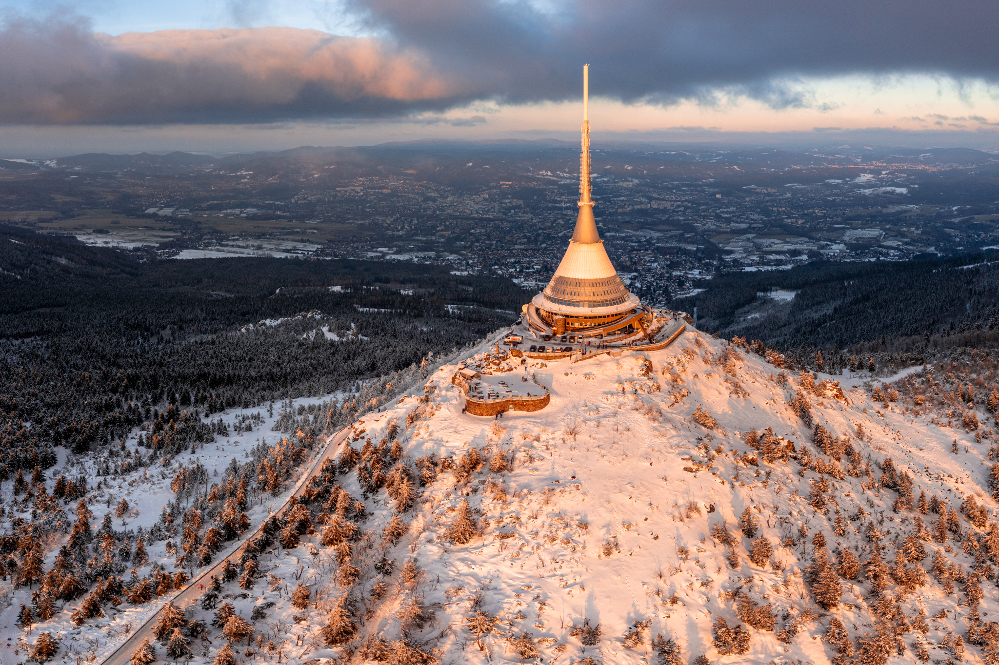 The most spectacular building of all Czech mountains - Ještěd during sunset