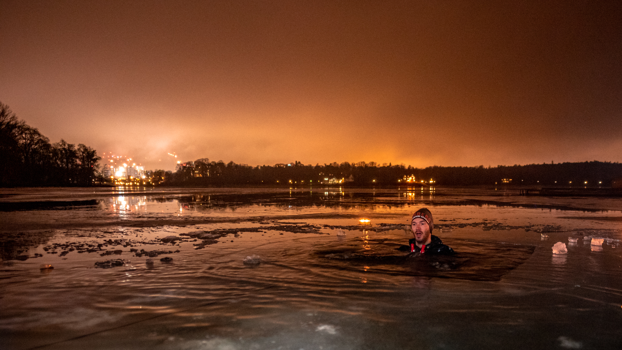 Swimming in a frozen lake