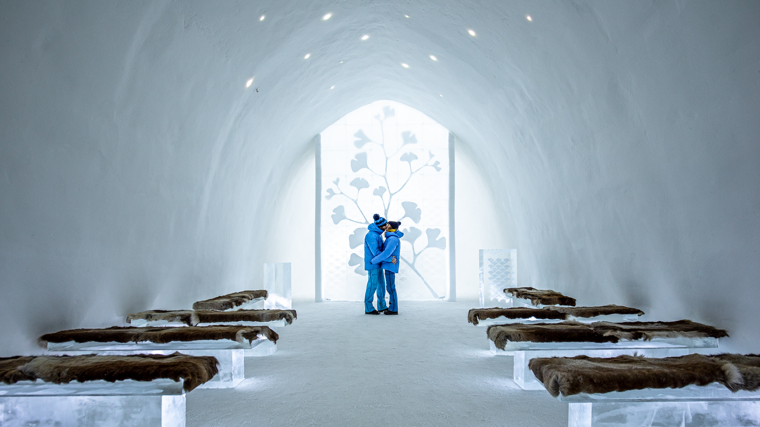 Kissing at Ice Hotel in Sweden