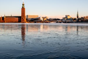 Perfect new black ice in front of Stockholm City Hall
