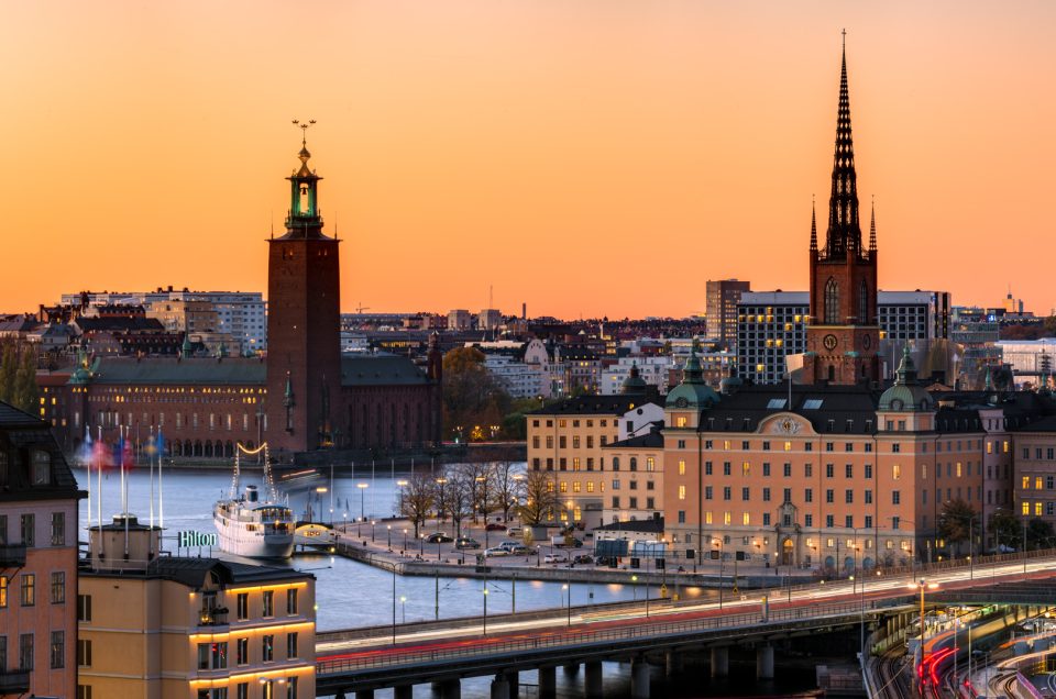 View of Stockholm City Hall and Gamla Stan during sunset