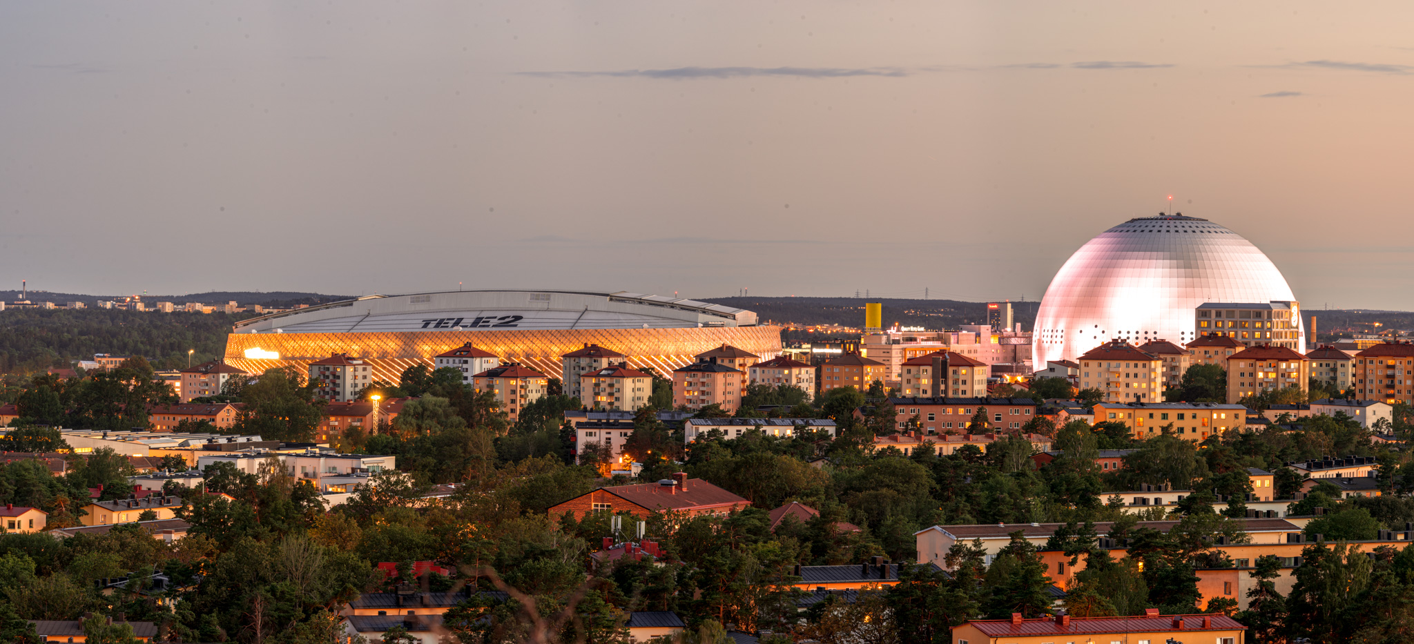 Tele2 arena and Globen during blue hour