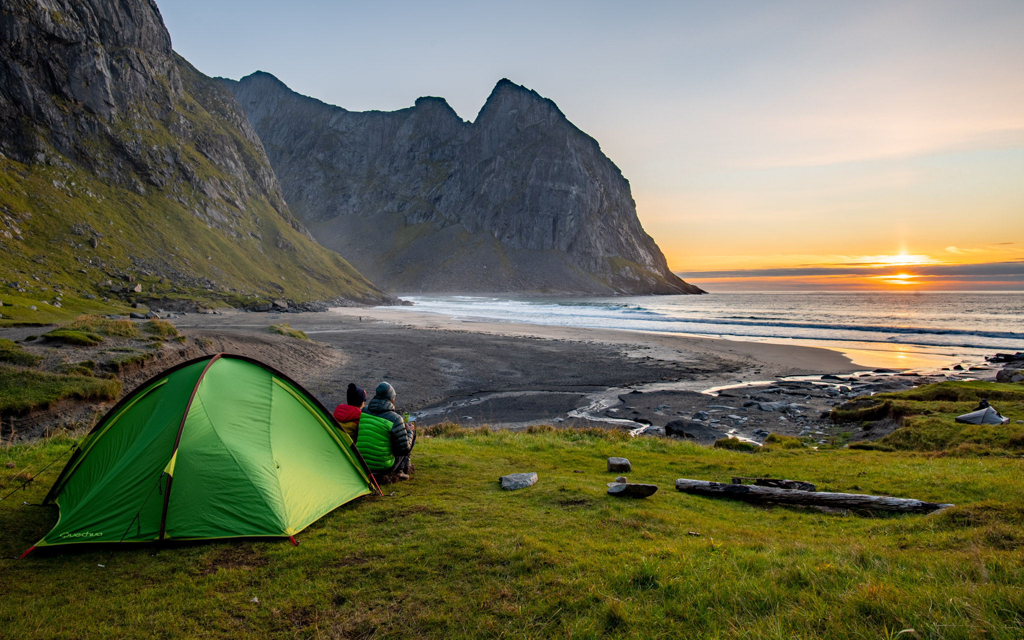 Tenting at Kvalvika beach at Lofoten during sunset