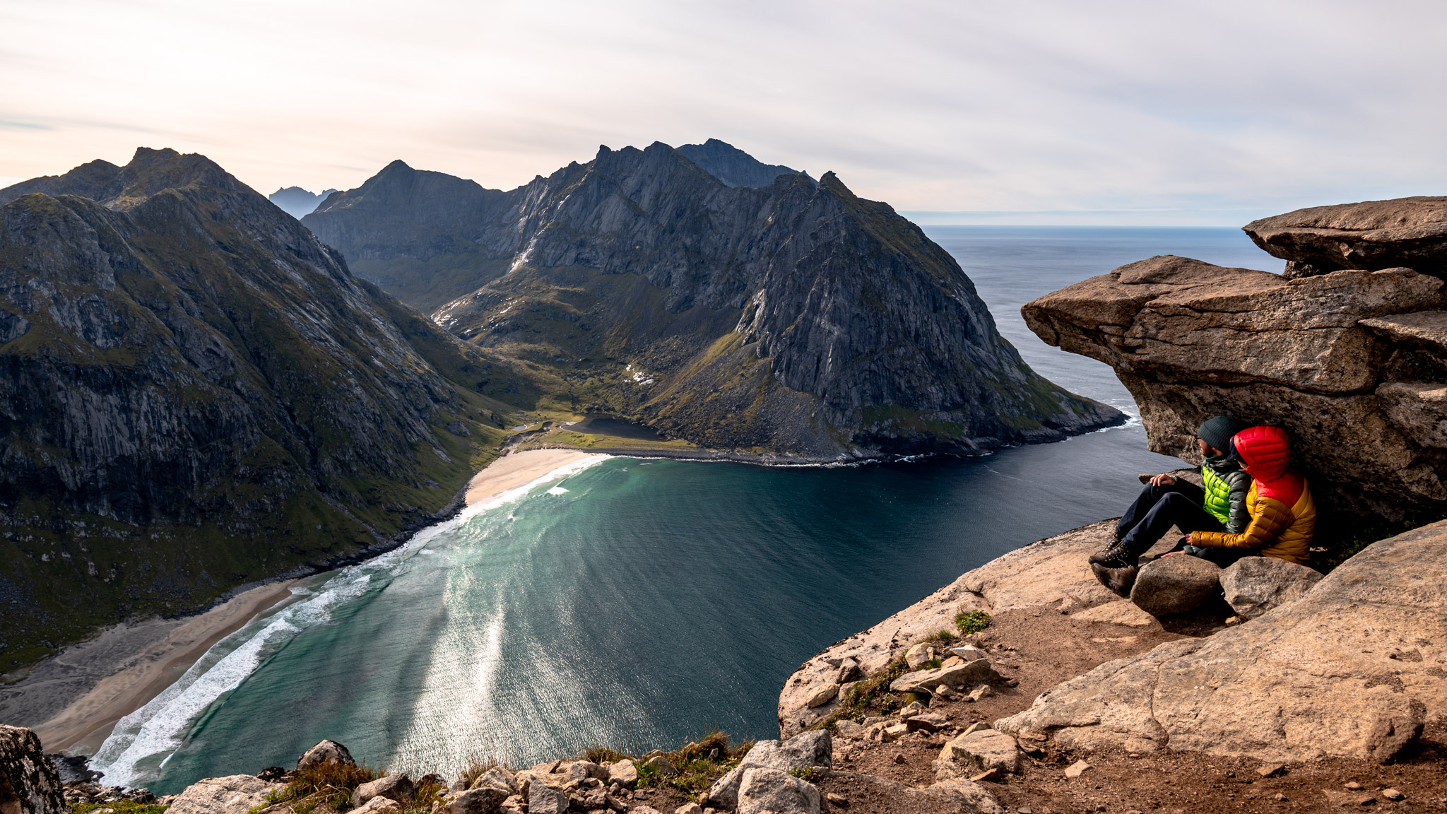 View from Ryten to Kvalvika beach in a natural windshield