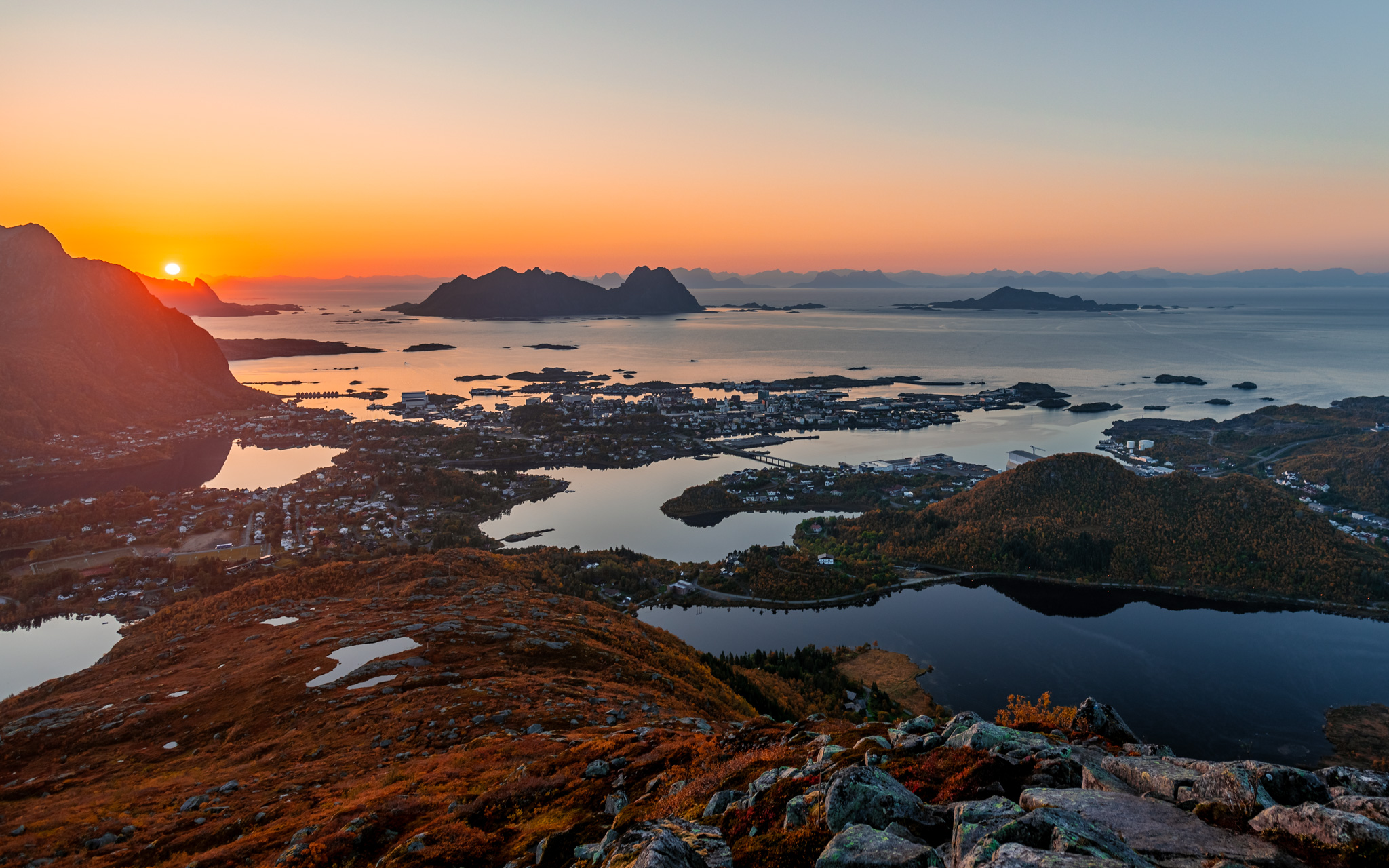 Sunrise view of Svolvær at Lofoten from a mountain