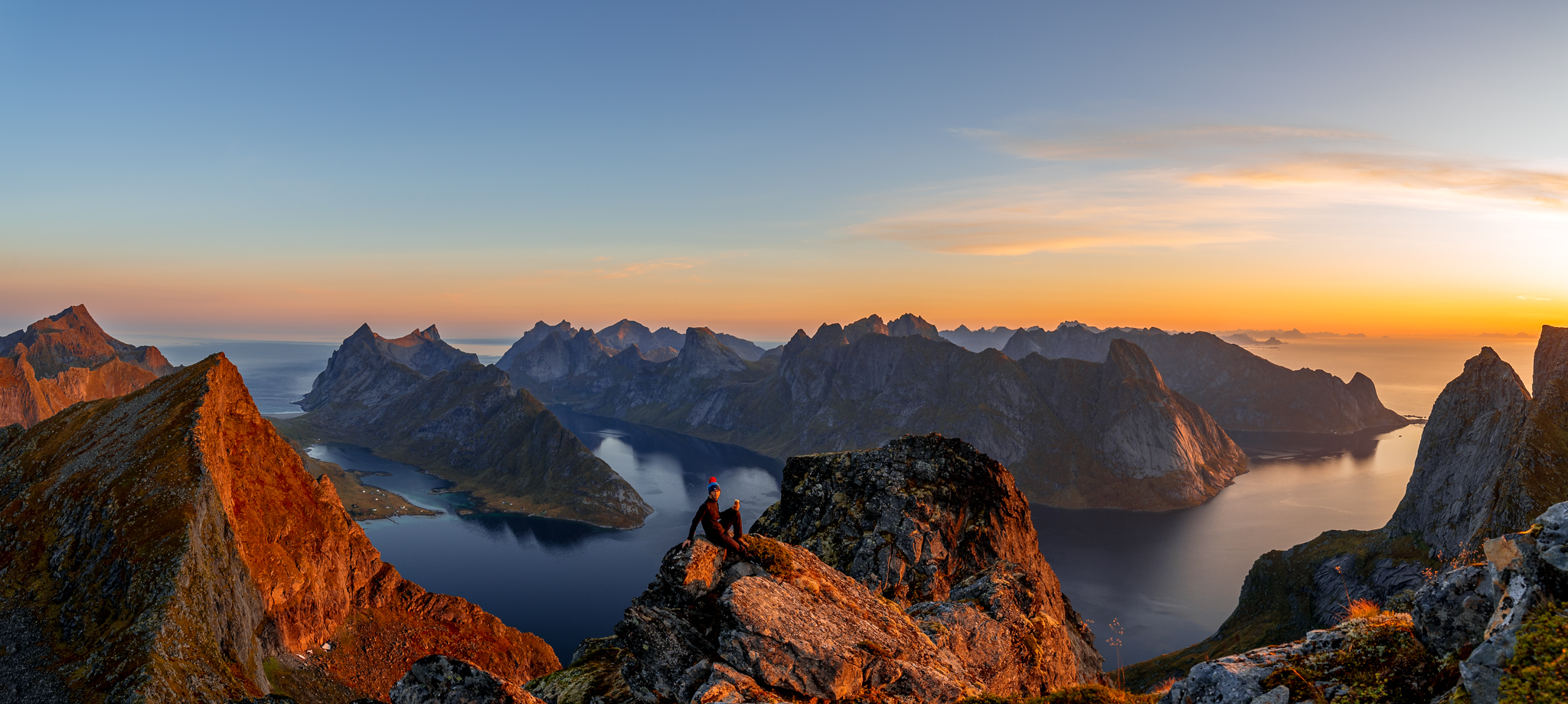 Sunrise view of Lofoten from a mountain top