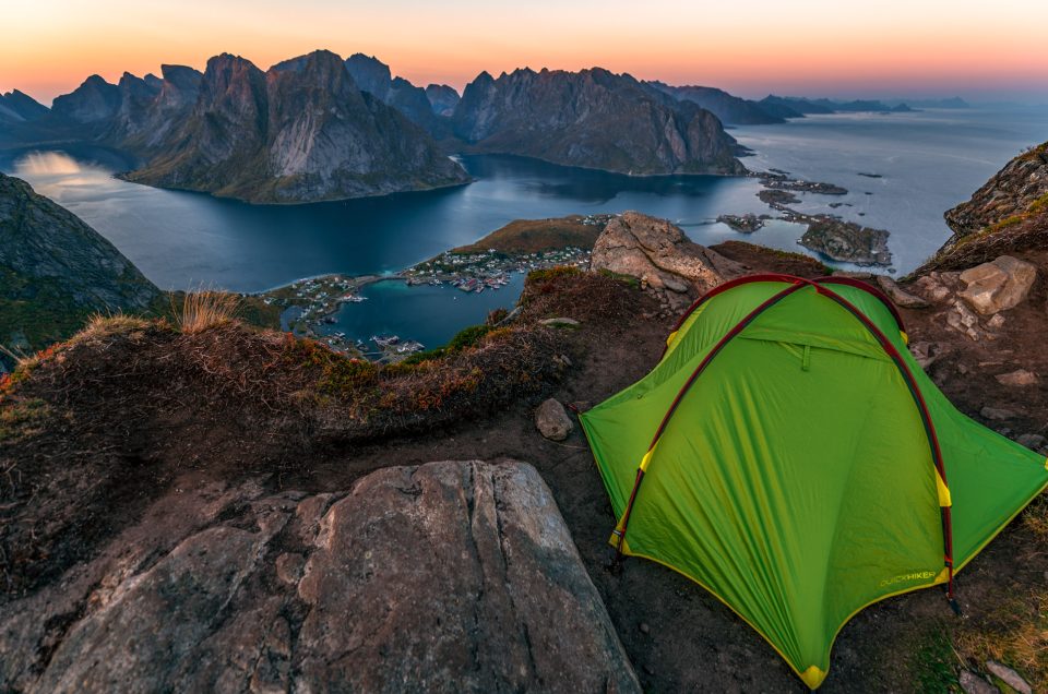 Tent at Reinebringen viewpoint in Lofoten