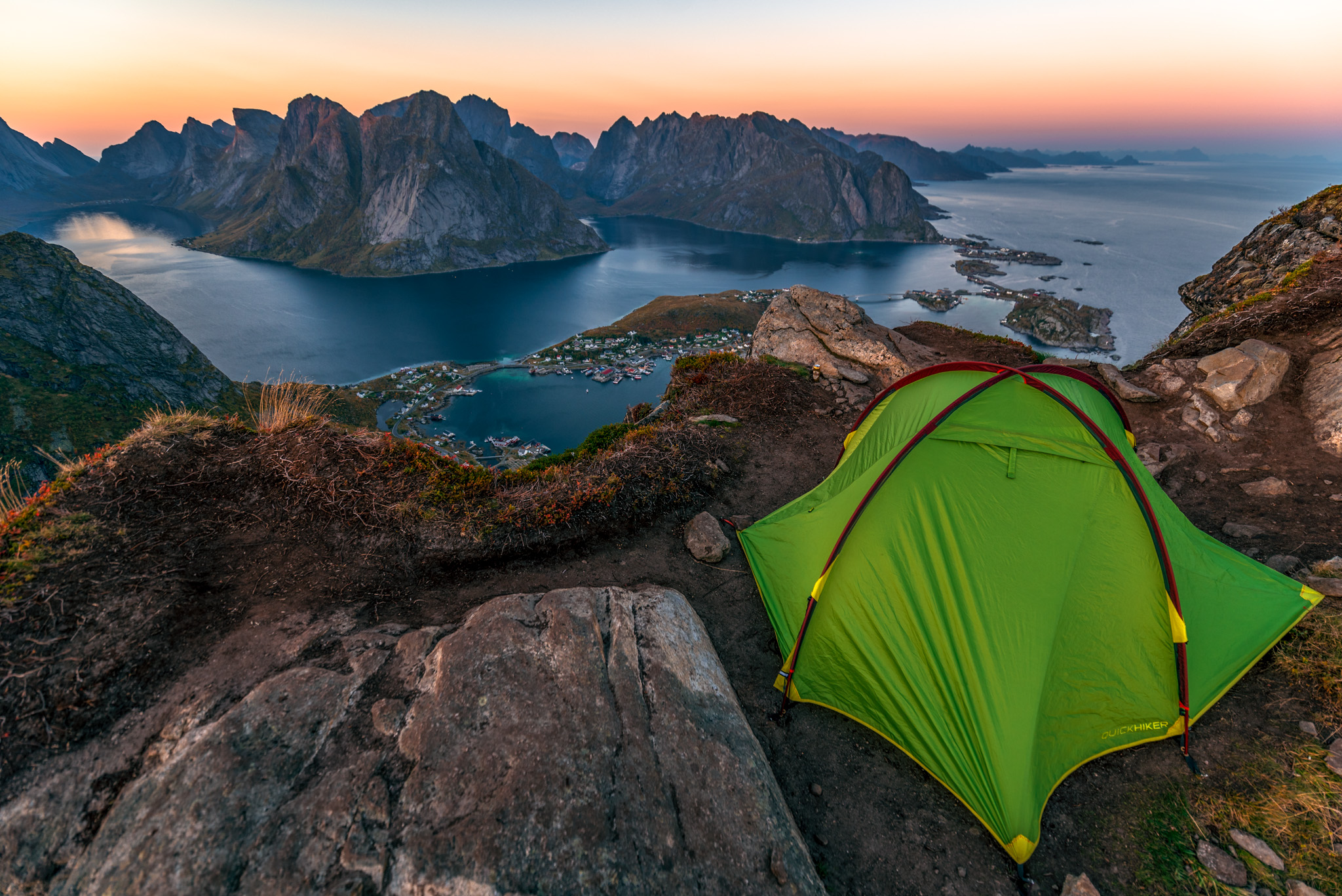 Tenting at Reinebringen, Lofoten on a mountain top