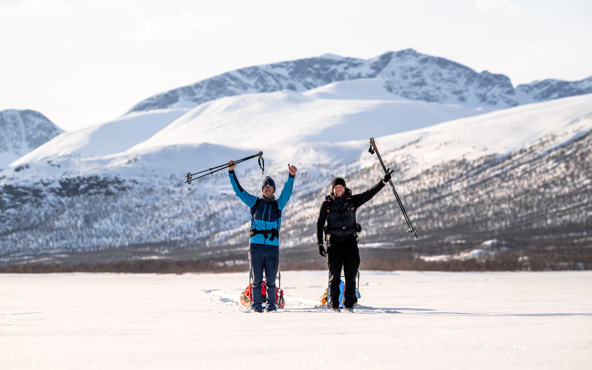 Kungsleden in winter with beautiful view of Sweden't highest point Kebnekaise